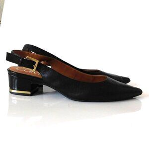 Calvin Klein Glorianne Black Leather Slingback Pointed Toe Shoes Block 2" Heel